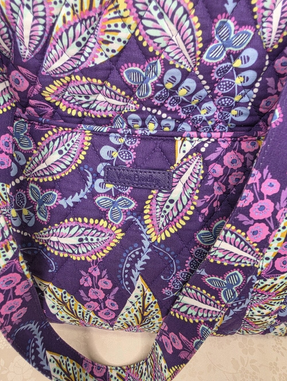 Vera Bradley Quilted Cotton Large Zip Top Tote Bag Purple Pink Paisley Floral - Picture 2 of 10